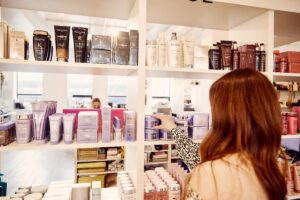 Interior of Luxe Beauty Co. Retail shelves.